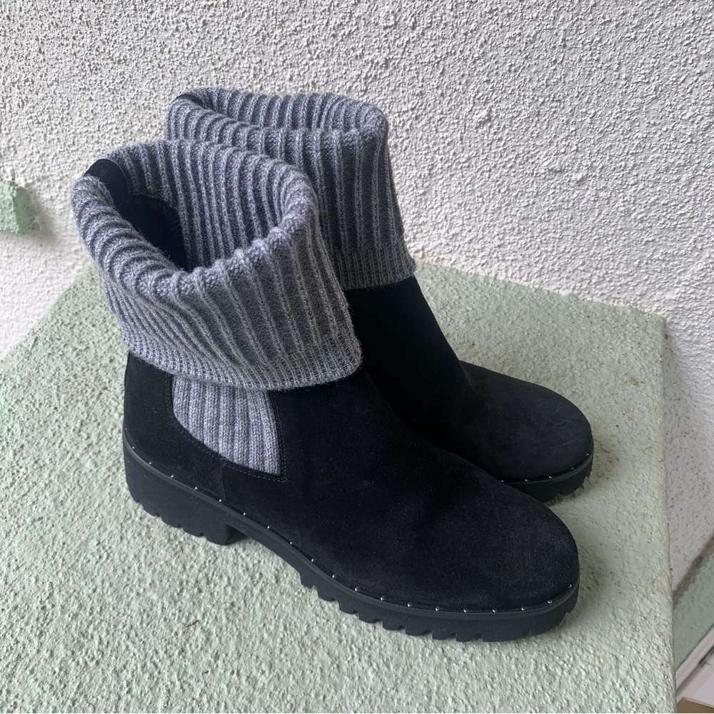 Freda Salvador Mid Calf Knit Black Suede Lug Sole Boots - Picture 9 of 14